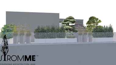 Celková vizualizácia strešnej záhrady s tvarovanými borovicami a krycími výsadbami