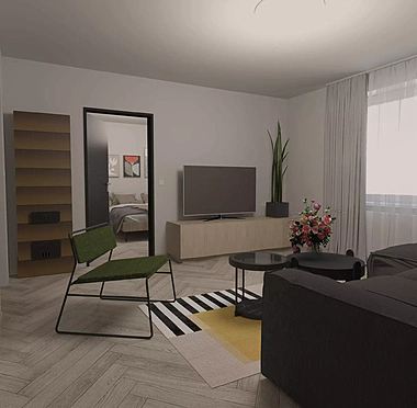 Celkový pohľad na obytný priestor apartmánu určeného na krátkodobý prenájom Celkový pohľad na obytný priestor apartmánu určeného na krátkodobý prenájom