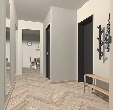 Chodba apartmánu v Lučenci s parketami typu rybia kosť a pohľadom do jedálenskej časti Chodba apartmánu v Lučenci s parketami typu rybia kosť a pohľadom do jedálenskej časti