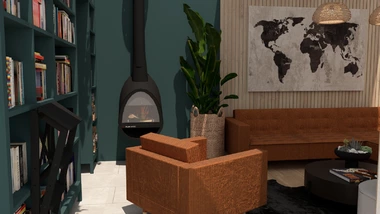 detail knižnice s malým sedením v podobe kresla a lampou