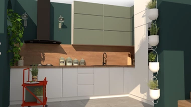 dizajnová kuchyňa v zemitých tónoch s vertikálnymi kvetináčmi na rastliny