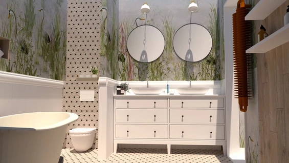 dizajnová kúpeľňa so samostatne stojacou vaňou a zrkadlami s osvetlením