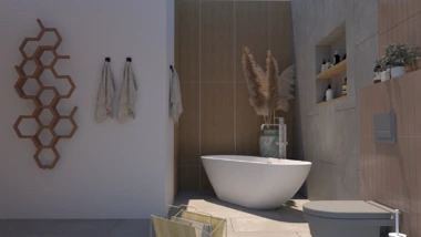 kúpeľňa so samostatne stojacou vaňou v zemitých tónoch