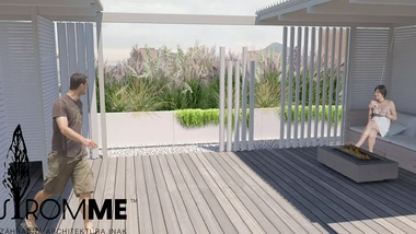 Moderná strešná terasa s drevenou podlahou a pergolou pre relax