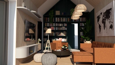 obývacia izba s knižnicou kopírujúcou tvar miestnosti a kreslo s lampou