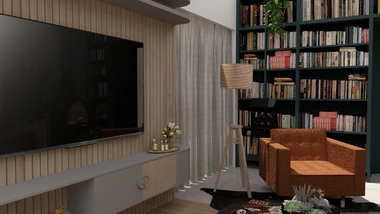 obývacia izba s TV stenou oživená lamelovým obkladom