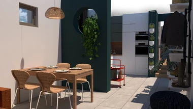 škandinávsky interiér Bošáca s tyrkysovou stenou, jedálenským kútom a kuchyňou