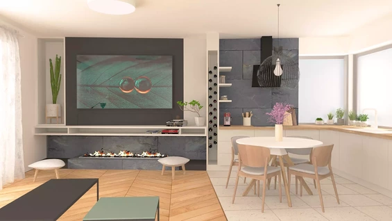 škandinávsky interiér s tyrkysovým obrazom, elektrickým krbom a dizajnovou kuchyňou