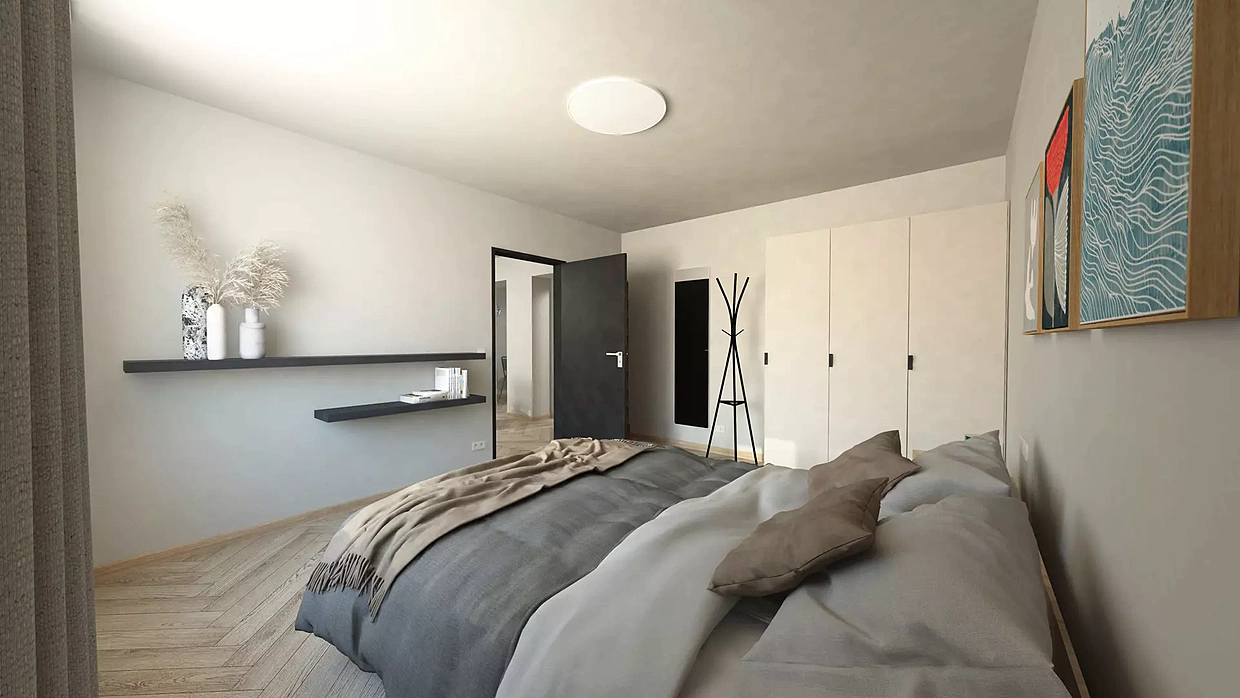 Spálňa apartmánu s jednoduchým, praktickým nábytkom Spálňa apartmánu s jednoduchým, praktickým nábytkom