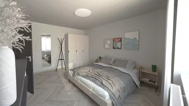 Spálňa apartmánu s praktickým a moderným nábytkom Spálňa apartmánu s praktickým a moderným nábytkom