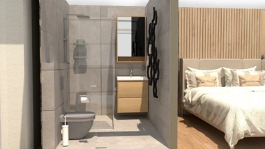 spálňa s malou kúpeľňou a drevené lamely na stene za posteľou