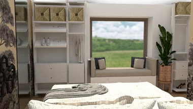 spálňa v zemitých tónoch s posteľou a sedením v okne