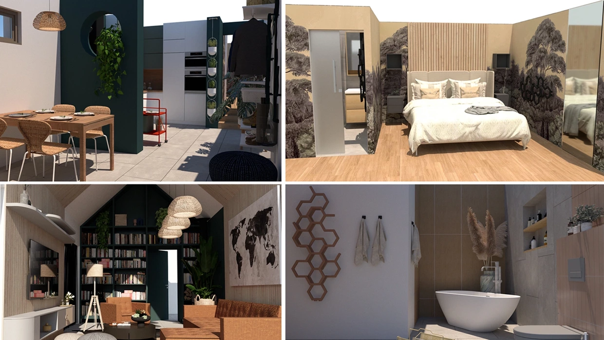 vizualizácia interiéru Bošáca v škandinávskom štýle s jedálňou, spálňou, obývačkou a kúpeľňou