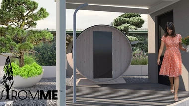 Vizualizácia strešnej terasy Považská Bystrica so sudovou saunou a tvarovanými borovicami